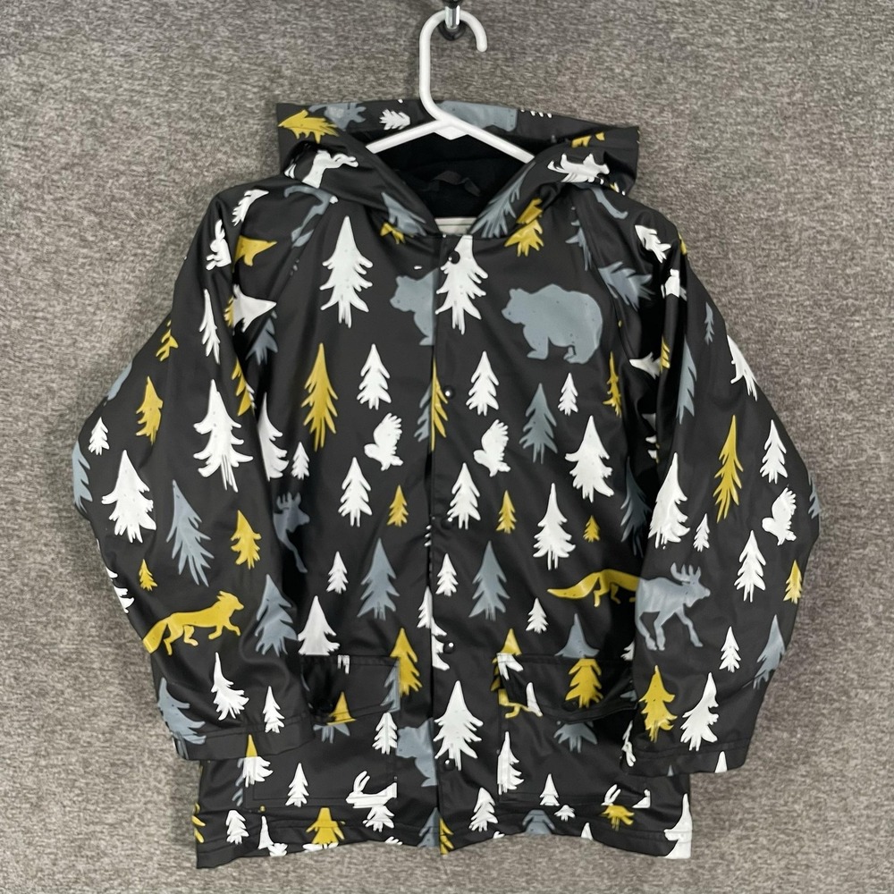 Oaki Rain Coat Youth 10 Black Woodland Animal Print Hooded Snap Jacket